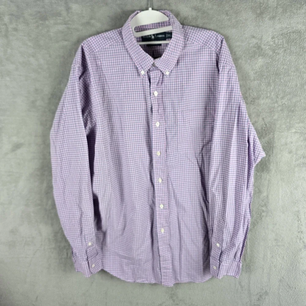 Ralph Lauren Men XL Classic Fit Pink Blue Plaid Cotton Button Down Shirt Long SL